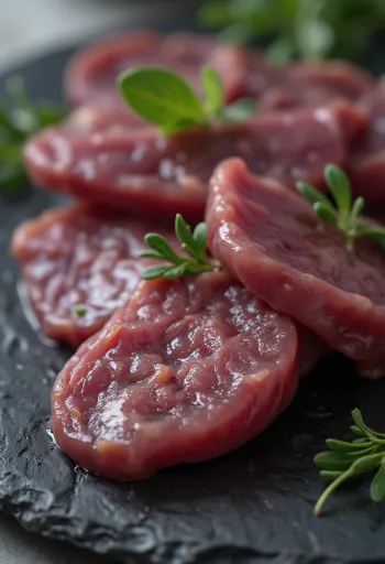 Pjaustytos žalios kiaulienos kepenėlės ant medinės lentelės, tamsiai raudonos filė