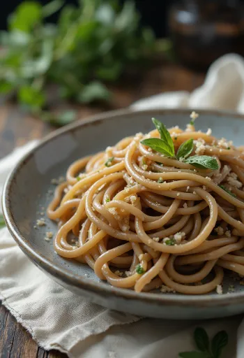 Sausi soba makaronai iš grikių kaimiškame dubenyje, ant medinio paviršiaus