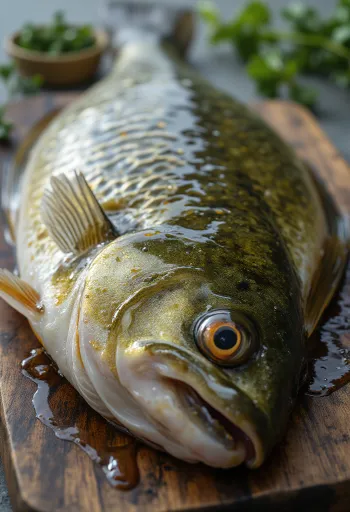 Šviežia ešerio filė su prieskoniais ir citrina ant medinės lentelės