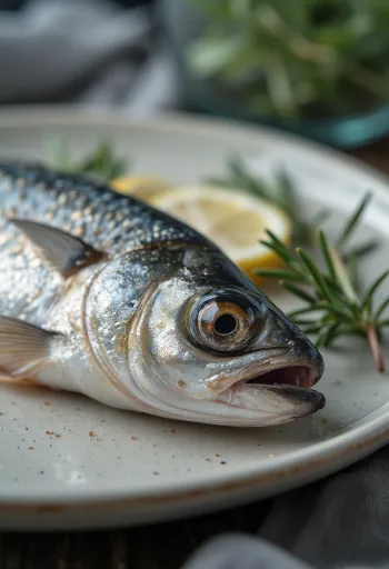 Šviežios sardinės su citrina, druska ir petražolėmis ant medinės lentelės