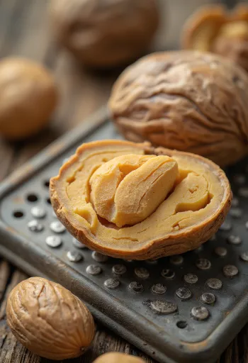 Sveikas ir maltas muskatas dubenėlyje ant medinio paviršiaus