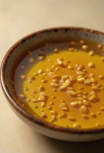 Sezamų aliejus butelyje ir dubenėlyje šviesiame, neutraliame fone