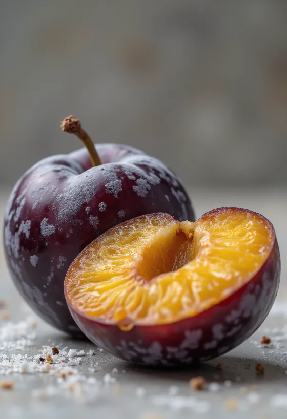 Šviežios violetinės slyvos, perpjautos ir sveikos, su namine uogiene ant kaimiško stalo