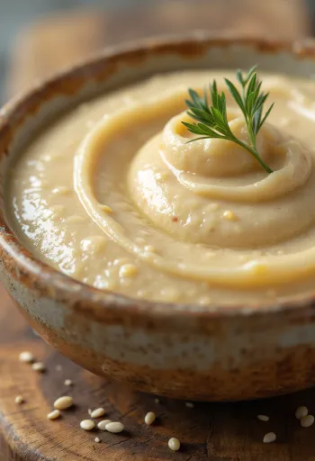 Kreminė tahinio pasta dubenėlyje, šalia sezamų sėklos