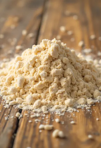 Viso grūdo miltai kaimiškame dubenyje, išbarstyti ant medinio paviršiaus
