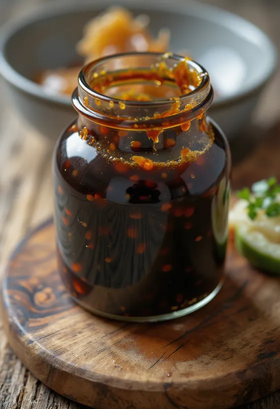 Blizgus, tamsiai rudas teriyaki padažas keramikiniame dubenėlyje, šalia sojų padažas, mirinas, sakė ir rudasis cukrus mažuose indeliuose