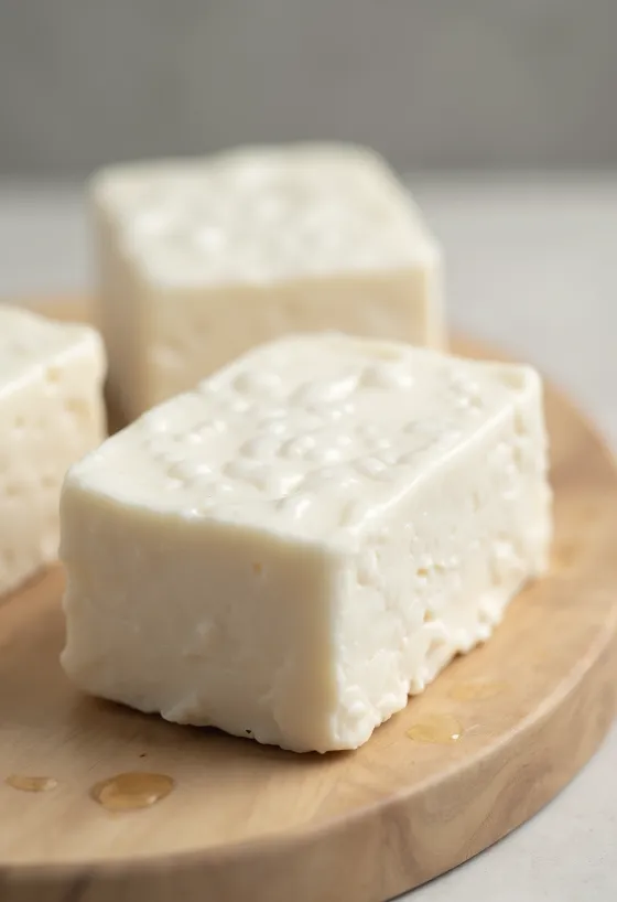 Švieži tofu kubeliai su sojos pupelėmis ir pienu ant medinės lentelės