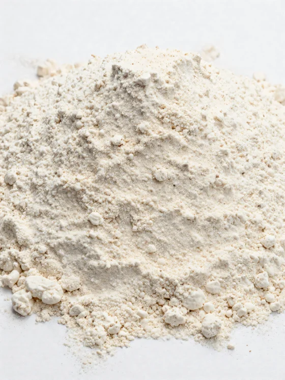 Spelta miltai keraminiame dubenyje, natūralaus šviesiai rudo atspalvio