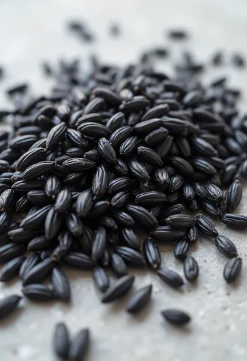 Žali laukiniai ryžiai ilgais, tamsiais grūdais keramikiniame dubenyje