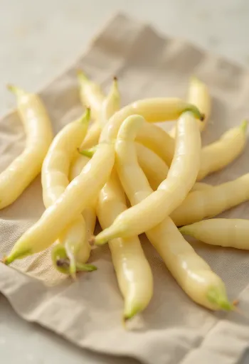 Šviežios sviestinės pupelės geltonomis ankštimis, dalis supjaustyta, ant pjaustymo lentelės