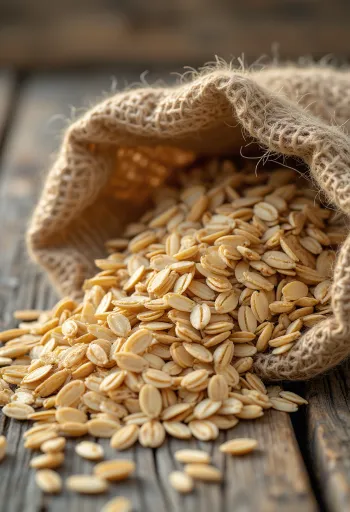 Valytos avižų kruopos mažame maišelyje ir pabertos ant medinio paviršiaus