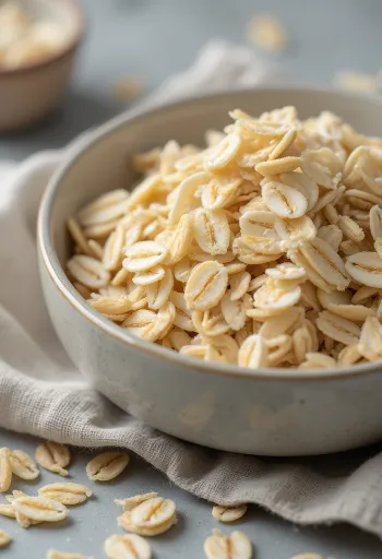 Žali avižiniai dribsniai keramikiniame dubenyje, pabirę ant medinio paviršiaus