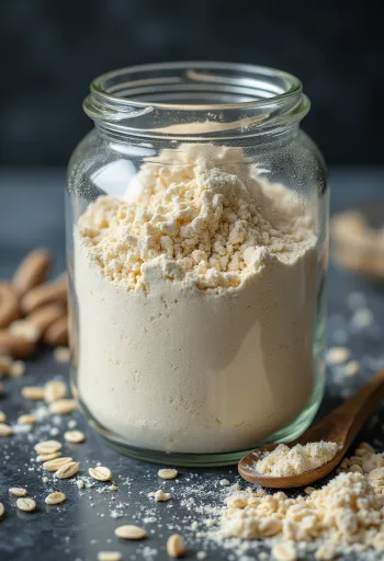 Smulkūs avižų miltai keramikiniame dubenyje, paberti ant medinio paviršiaus