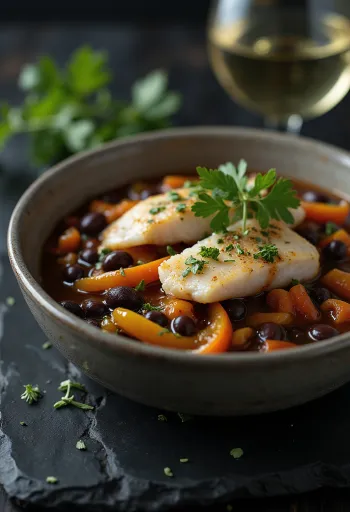 Feijoada su rūkyta žuvimi, patiekiama su šviežia kalendra
