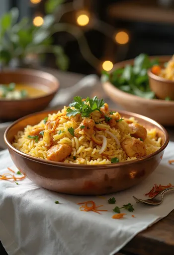 Vištienos „Biryani“, papuoštas šviežia kalendra ir mėtomis