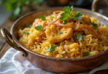 Vištienos „Biryani“, papuoštas šviežia kalendra ir mėtomis