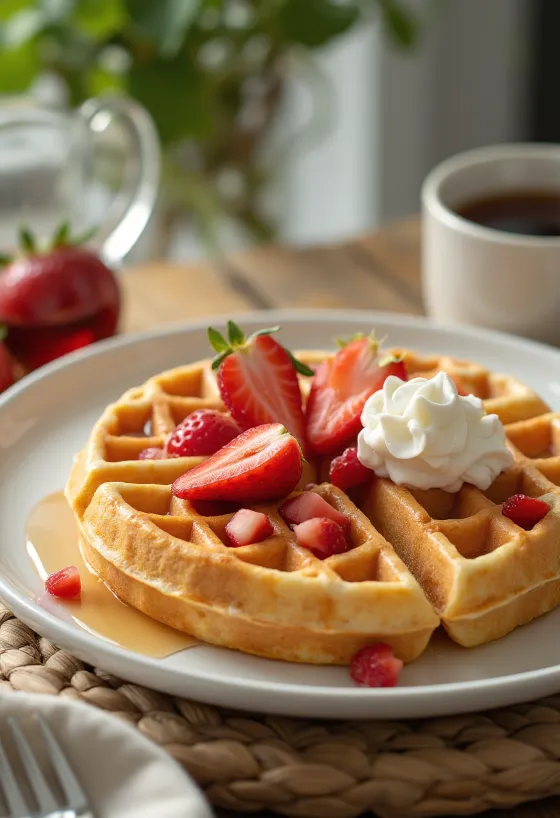 Braškiniai vafliai su šviežiais vaisiais ir plakta grietinėle