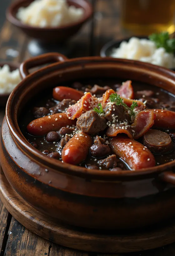 Feijoada su sūdyta jautiena, patiekiama su šviežiomis petražolėmis ir ryžiais
