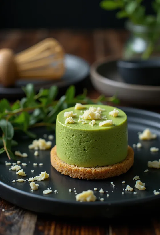 Tortas su „Matcha“ arbata, papuoštas baltojo šokolado drožlėmis