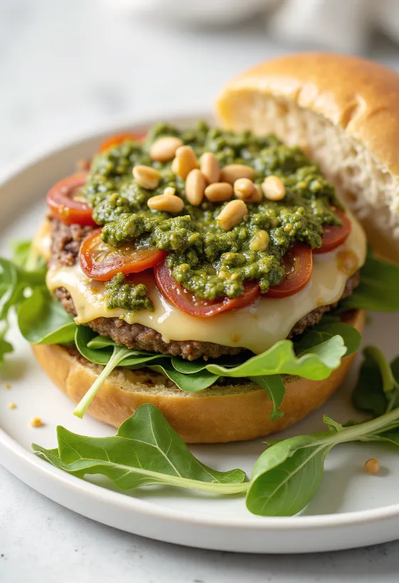 Mėsainis su pesto padažu patiektas