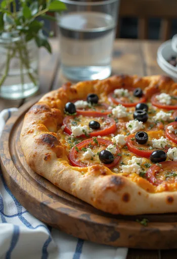 Pizza Greca su feta sūriu, juodosios alyvuogėmis ir šviežiais pomidorais