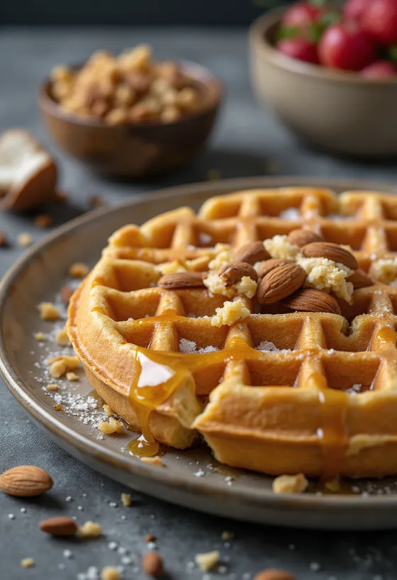 Viso grūdo vafliai su šviežiais vaisiais ir medumi