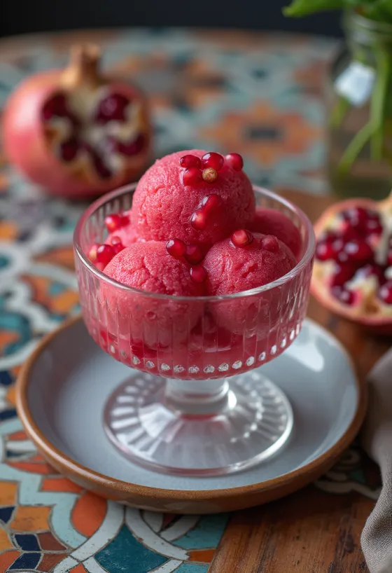 Granatų sorbetas patiektas taurėje