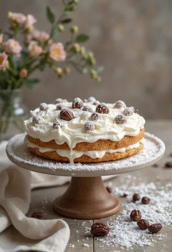Snieguotas kaštonų tortas su balta grietinėle