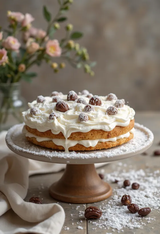 Snieguotas kaštonų tortas su balta grietinėle