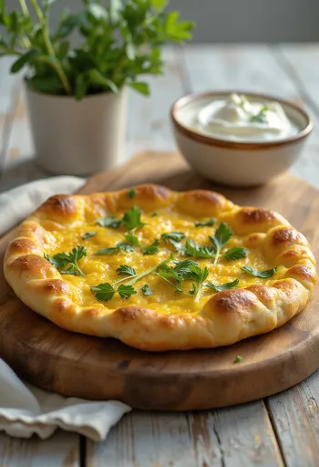 Patiekta indiška focaccia su kariu ir kalendra