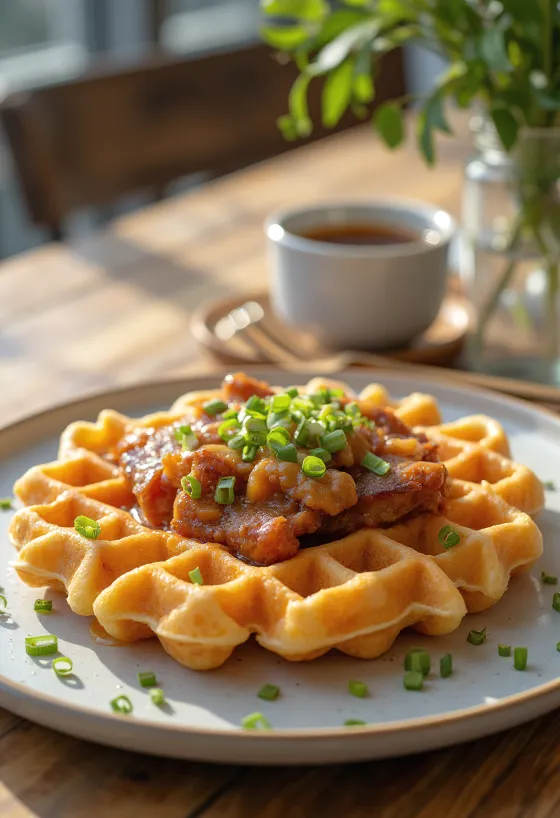 Patiekti vafliai su kimčiu ir kiauliena