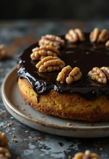 Medaus ir riešutų tortas lėkštėje