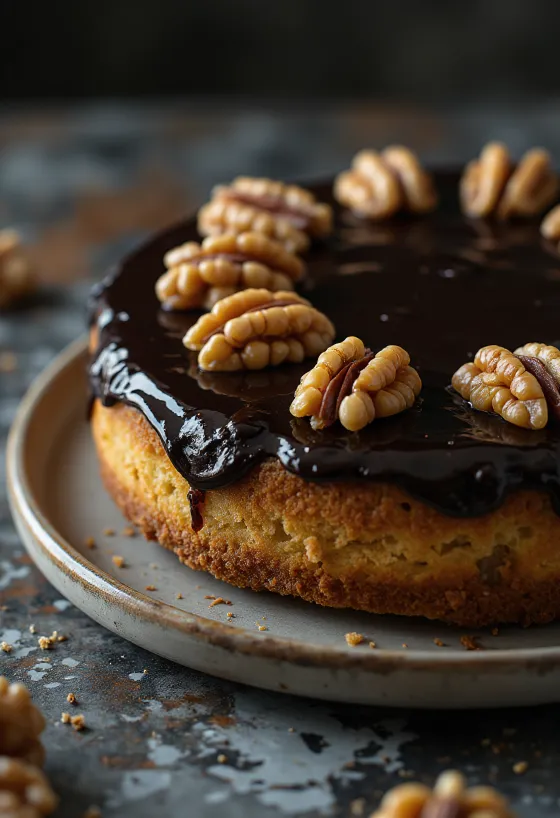 Medaus ir riešutų tortas lėkštėje