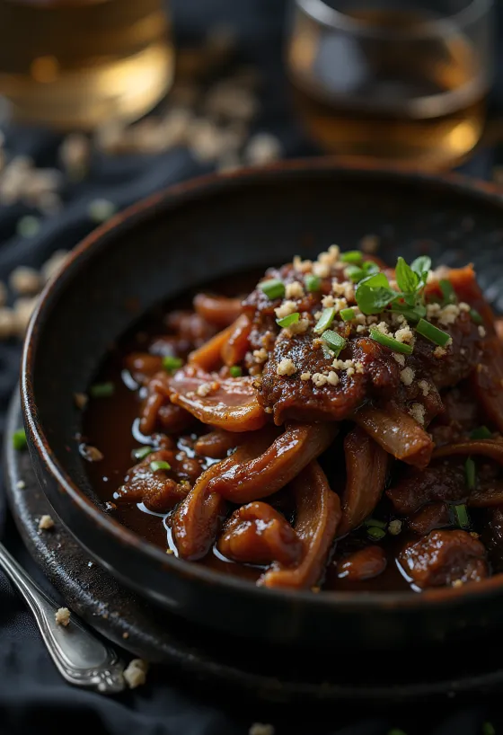 BBQ jautienos žandai patiekti lėkštėje