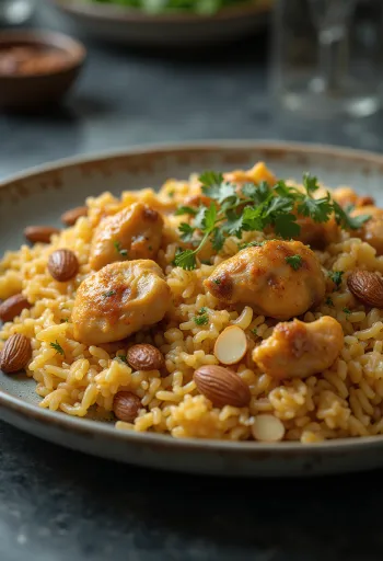 Kabsa patiekta su migdolais ir razinomis