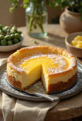 Vokiškas varškės tortas su švelniu įdaru, apibarstytas cukraus pudra