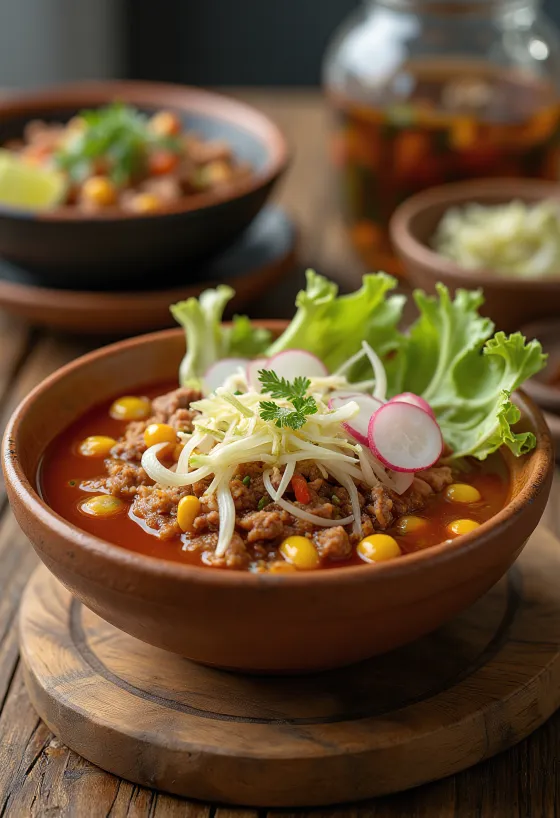 Pozole sriuba, patiekta