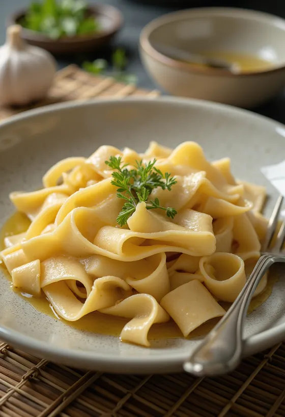 Yuba pappardelle su makaronais, sojų padaže marinuota tofu odelė su plačiais makaronais