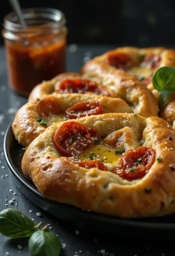 Patiekta fokačia su raudonuoju pesto ir parmezanu