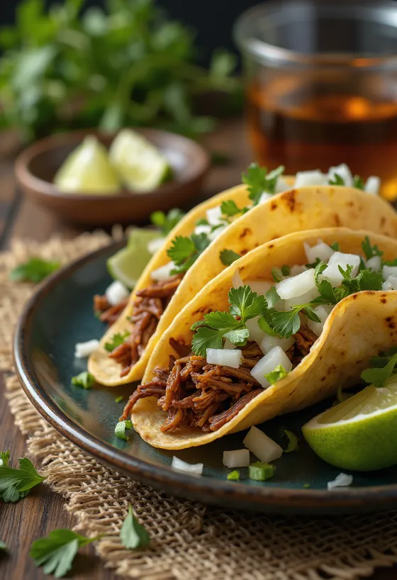 Pulled Beef Taco, minkšta jautiena tortilijoje su kopūstų salotomis ir kalendra