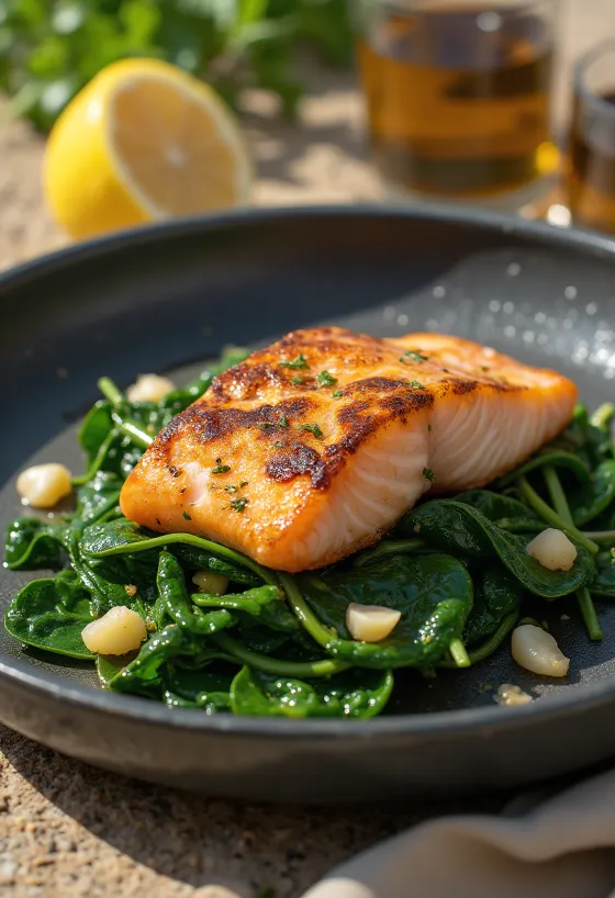 Kepta lašiša su česnakiniais špinatais