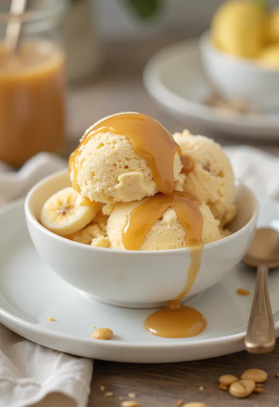 Bananiniai ledai su žemės riešutų sviestu patiekti dubenėlyje