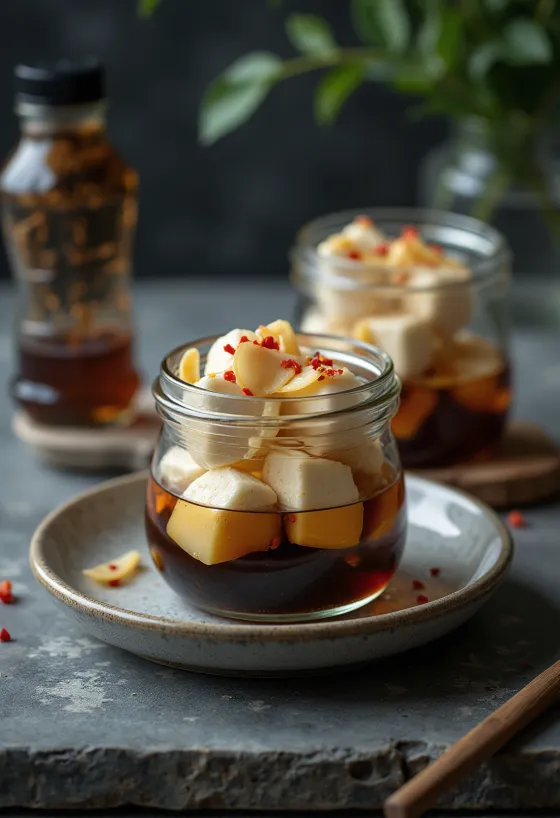 Marinuotas tofu stiklainyje