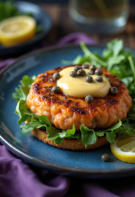 Šviežiai paruoštas lašišos mėsainis su kaparėliais ir krapais