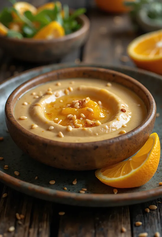 Apelsinų, citrinų ir sezamų padažas patiektas