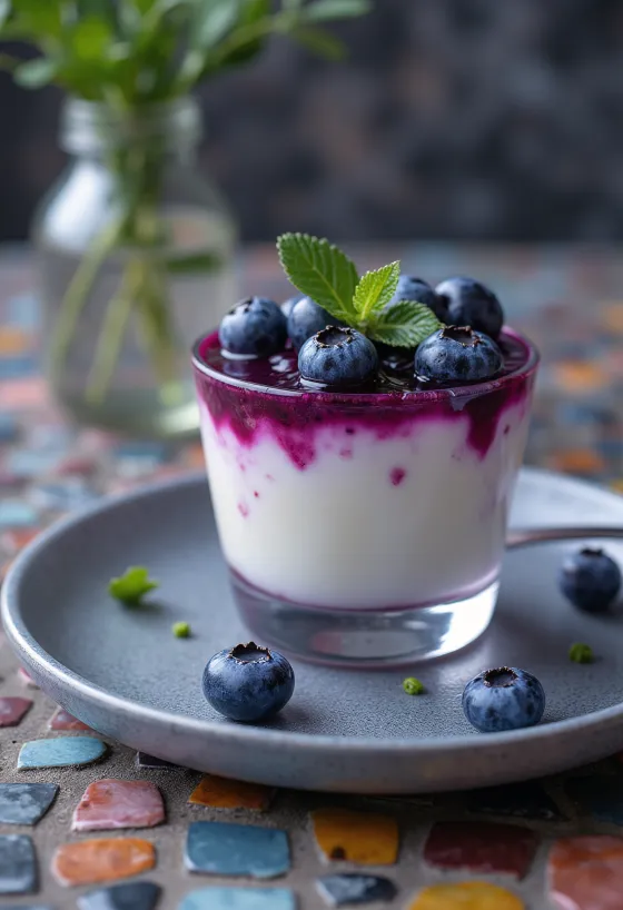 Mėlynių "Panna Cotta" stiklinėje