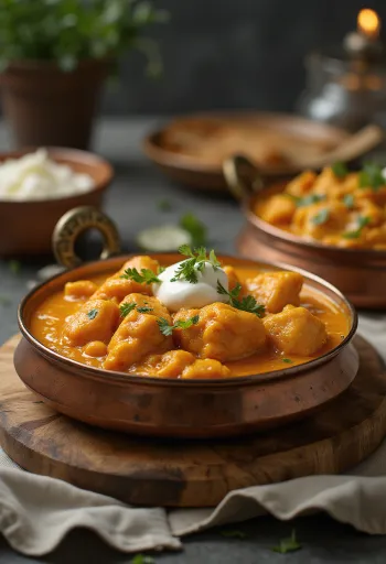 Chicken Makhani, indiška vištiena sviesto padaže, papuošta šviežia kalendra