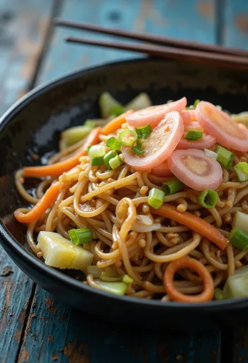 „Yakisoba“ su daržovėmis, kepti makaronai su spalvingomis daržovėmis