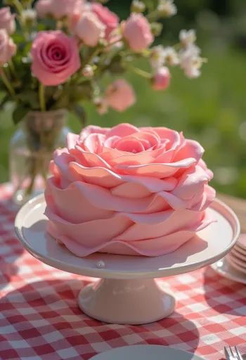 Rožės formos tortas su rožinės ir žalios cukraus masės papuošimais