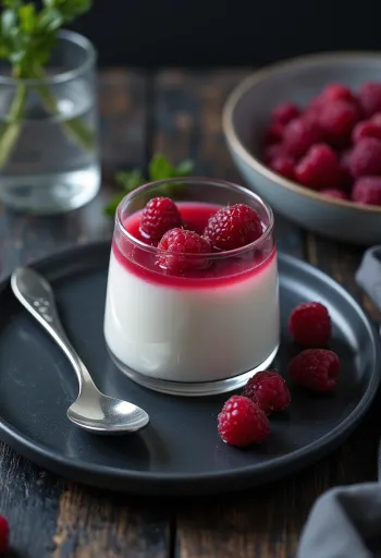 „Panna Cotta“ su rožių vandeniu, papuošta šviežiais vaisiais ir mėtų lapeliais